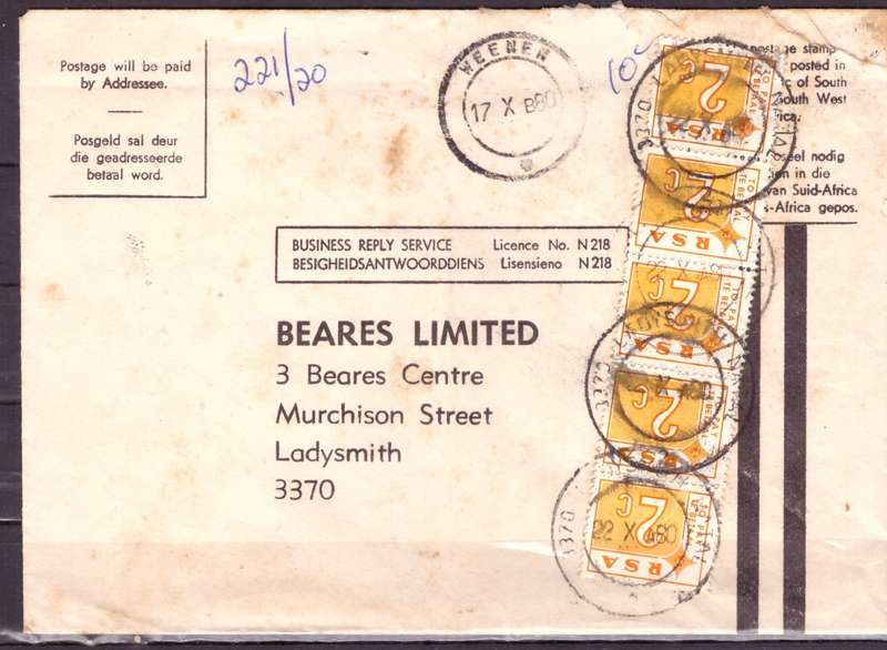 UNION of South AFRICA.  Postage Due stamps Tax. Cover.