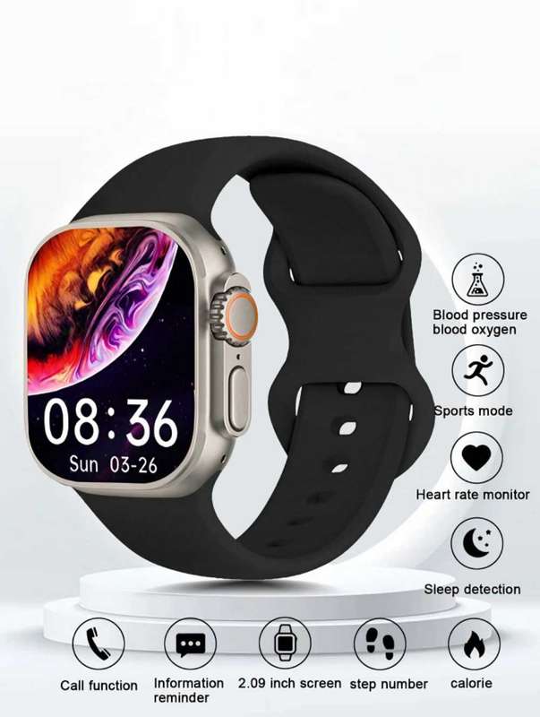 Smart Watch, Black Silicone Strap, 2.09 Inch Touch Screen, Silver W