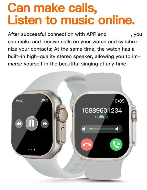 Smart Watch, Black Silicone Strap, 2.09 Inch Touch Screen, Silver W