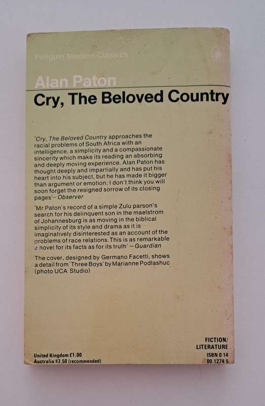 Cry The Beloved Country By Alan Paton 1980 South Africa historical literature school novel classic v