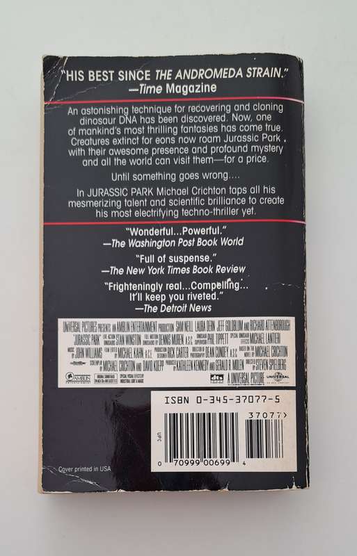 Jurassic Park By Michael Crichton (1993) classic thriller mystery film movie sci-fi horror dinosaurs