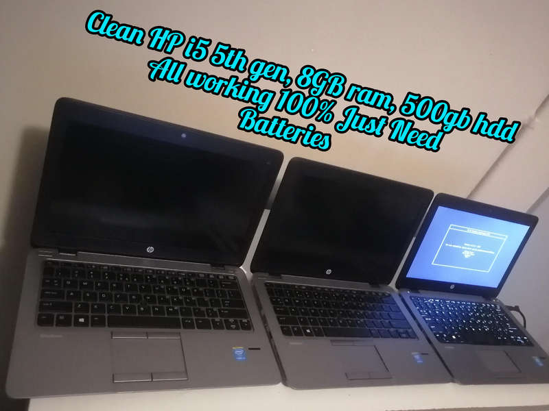Clean HP Core i5 5th Gen, 8GB RAM,500GB HDD, No battery, Working on charger. Everything else 100%