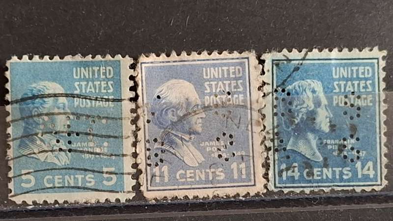 1938-1939 - USA - 5C + 11C +  14C - Presidential Issue -  Perfin