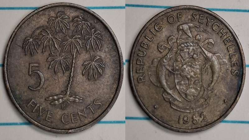 1982 - Seychelles - 5 Cents - Manioc plant -  - Brass