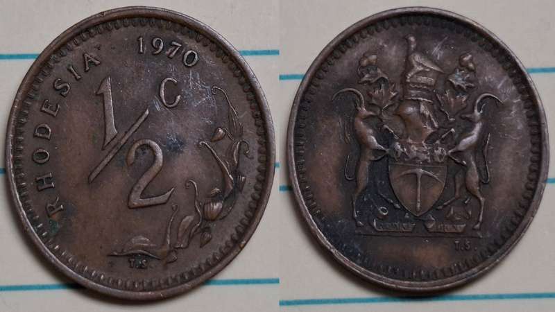 1970 - Rhodesia - ½ Cent - Coat of Arms - Demonetised Yes - Bronze
