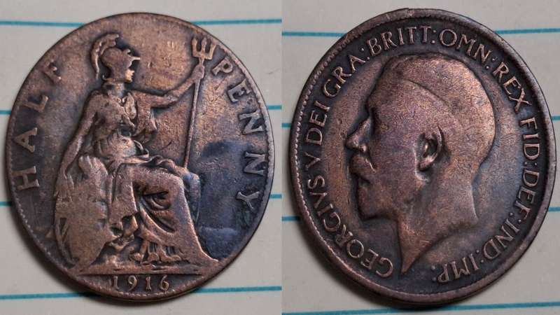 1916 - UK - Half Penny - George V - Demonetised Aug 1969 - Bronze