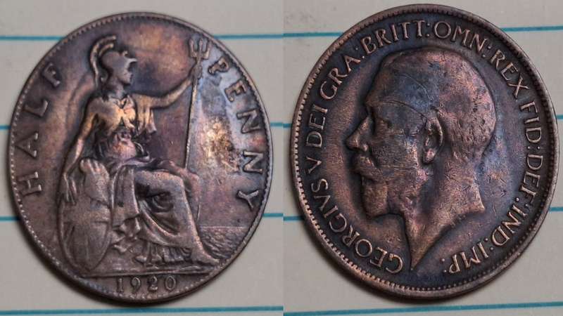 1920 - UK - Half Penny - George V - Demonetised Aug 1969 - Bronze