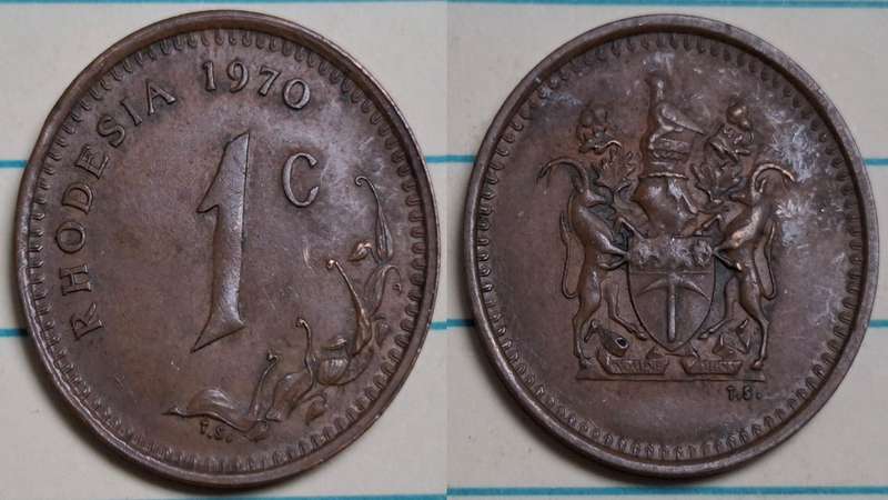 1970 - Rhodesia - 1 Cent - Coat of Arms - Demonetised Yes - Bronze