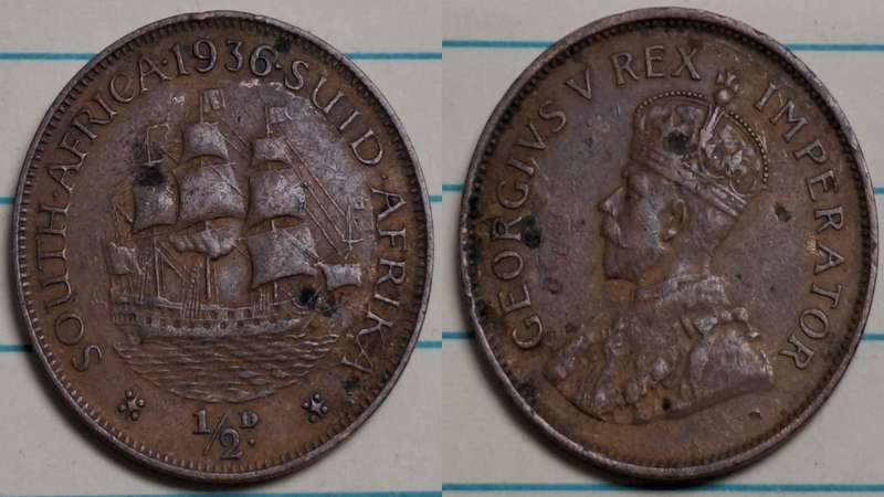 1936 - South Africa - ½ Penny - George V - Demonetised March 1961 - Bronze