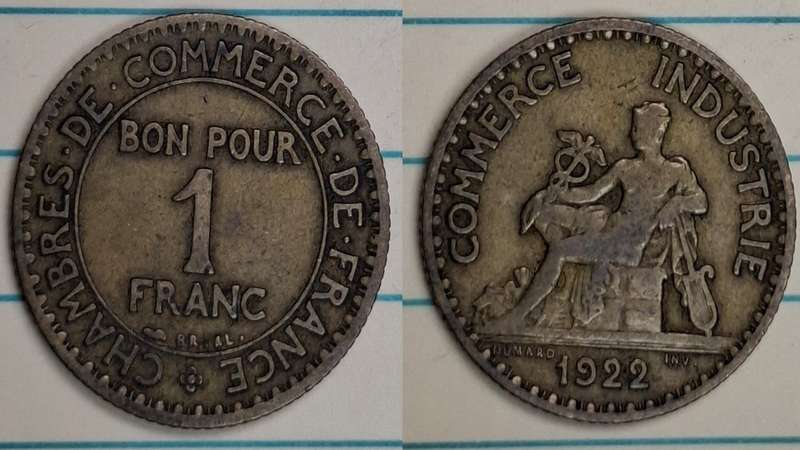 1922 - France - 1 Franc - Chamber of Commerce - Demonetised Aug 1949 - Copper-nickel