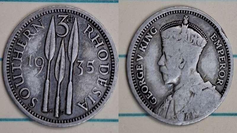 1935 - Rhodesia - 3 Pence - George V - Demonetised Jun 1965 - Silver (.925)