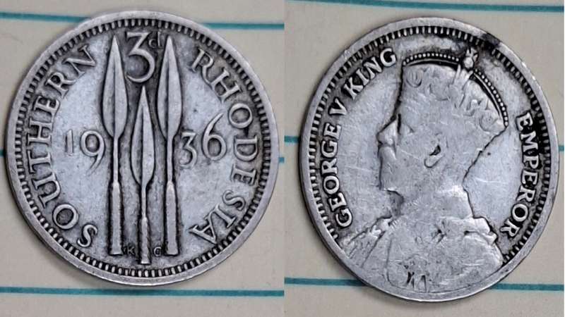 1936 - Rhodesia - 3 Pence - George V - Demonetised Jun 1965 - Silver (.925)
