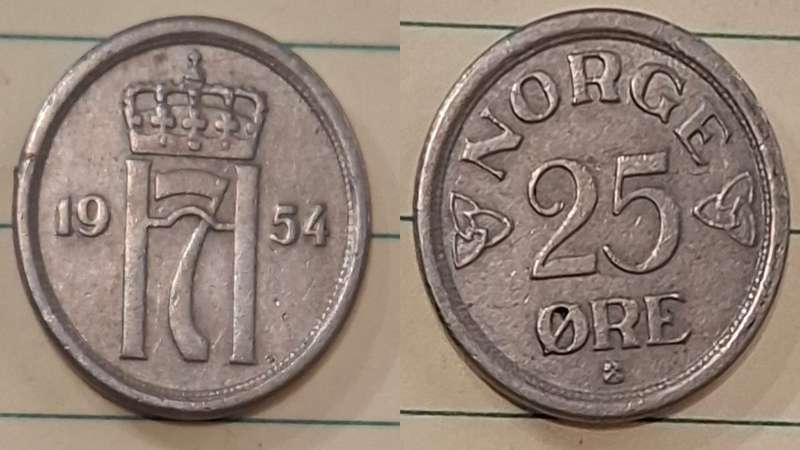 1954 - Norway - 25 Øre - Haakon VII - Demonetised Yes - Copper-nickel