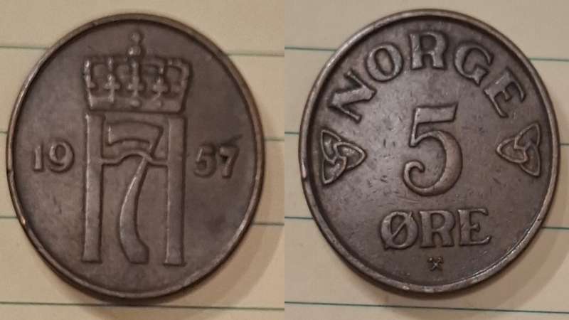 1957 - Norway - 5 Øre - Haakon VII - Demonetised Yes - Bronze