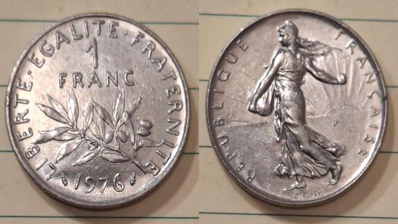 1976 - France - 1 Franc - Signature "O. Roty" - Demonetised Feb 2002 - Nickel 