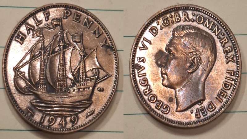 1949 - UK - ½ Penny - AU/UNC - George VI - Demonetised Aug 1969 - Bronze
