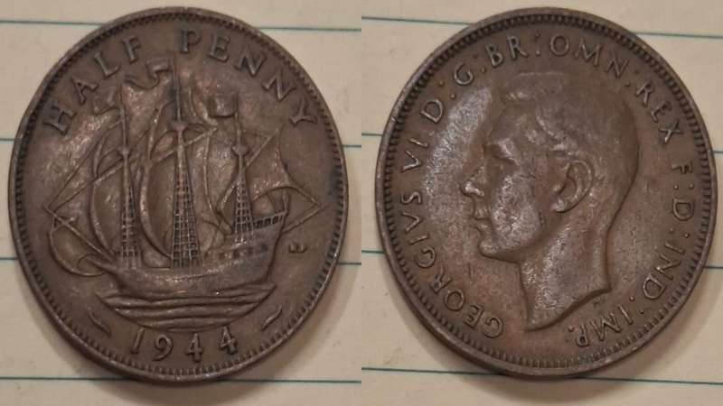 1944 - UK - ½ Penny - George VI - Demonetised Aug 1969 - Bronze