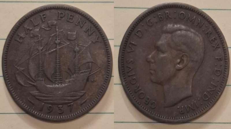 1937 - UK - ½ Penny - George VI - Demonetised Aug 1969 - Bronze