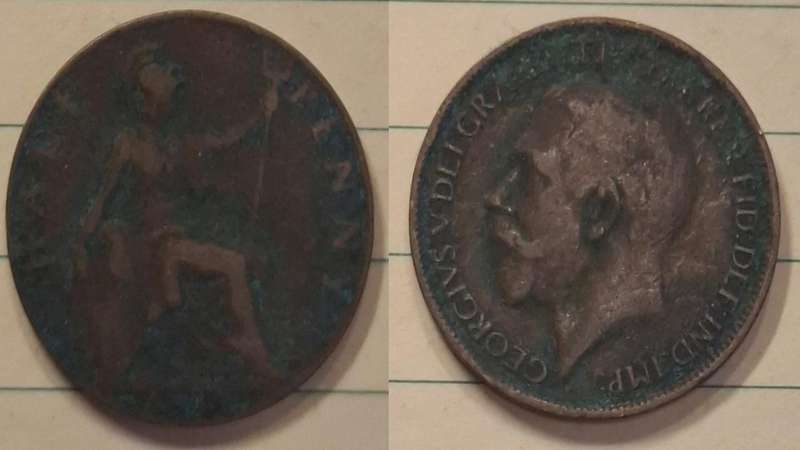 1917 - UK - ½ Penny - George V - Demonetised Aug 1969 - Bronze