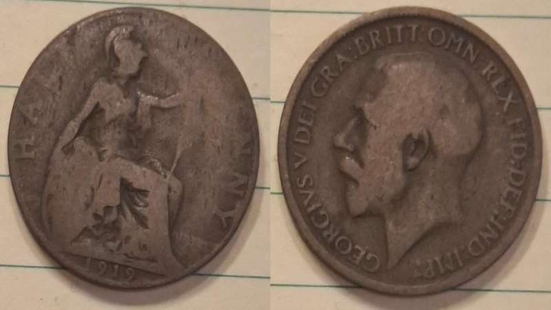 1919 - UK - ½ Penny - George V - Demonetised Aug 1969 - Bronze