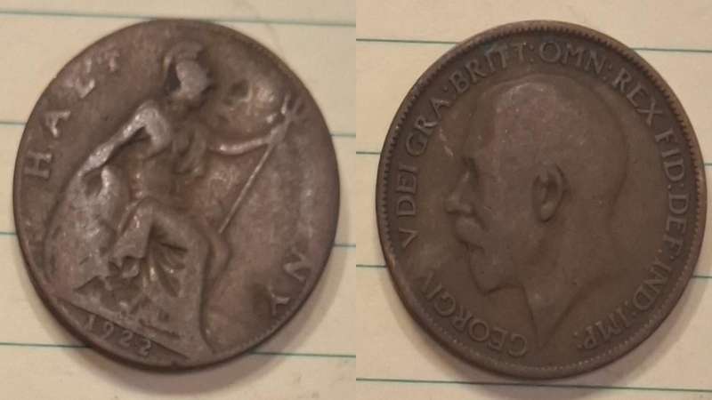 1922 - UK - ½ Penny - George V - Demonetised Aug 1969 - Bronze