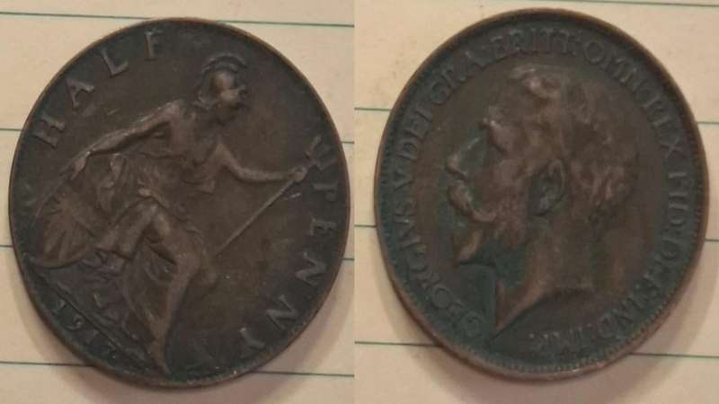 1917 - UK - ½ Penny - George V - Demonetised Aug 1969 - Bronze