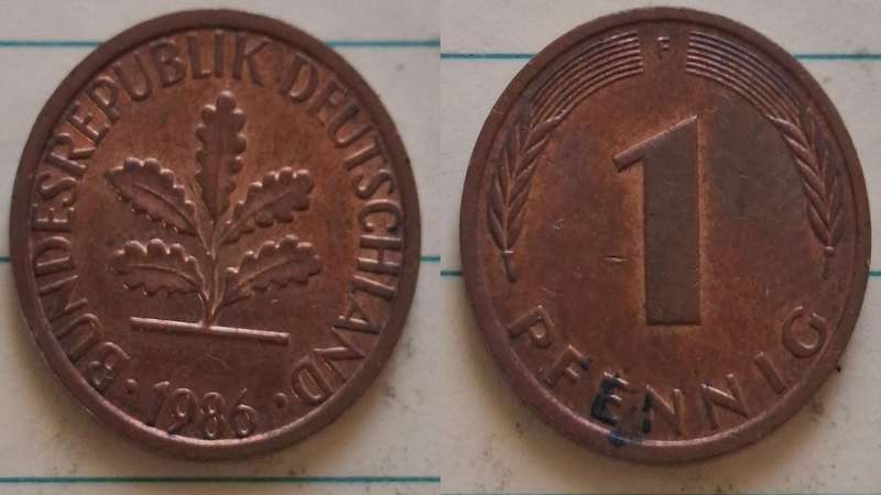 1986 F - Germany - 1 Pfennig - Oak seedling - Demonetised Dec 2001 - Copper clad iron