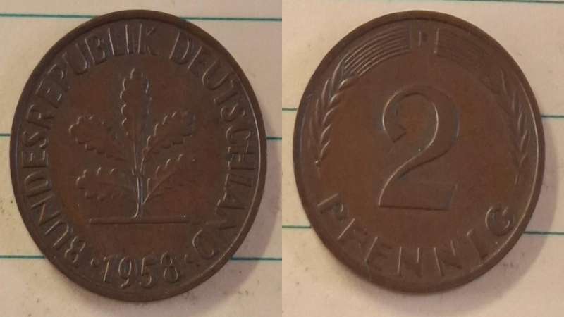 1958 F - Germany - 2 Pfennig - Oak seedling - Demonetised Dec 2001 - Bronze