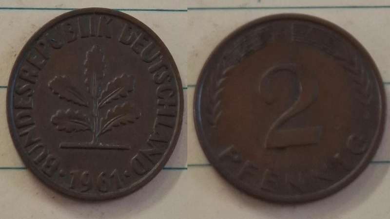 1961 G - Germany - 2 Pfennig - Oak seedling - Demonetised Dec 2001 - Bronze