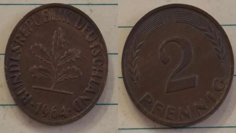 1964 F - Germany - 2 Pfennig - Oak seedling - Demonetised Dec 2001 - Bronze
