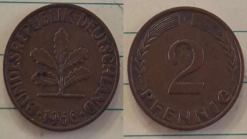 1968 F - Germany - 2 Pfennig - Oak seedling - Demonetised Dec 2001 - Bronze