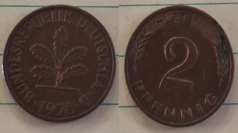 1978 F - Germany - 2 Pfennig - Oak seedling - Demonetised Dec 2001 - Copper clad iron