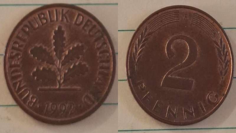 1992 F - Germany - 2 Pfennig - Oak seedling - Demonetised Dec 2001 - Copper clad iron