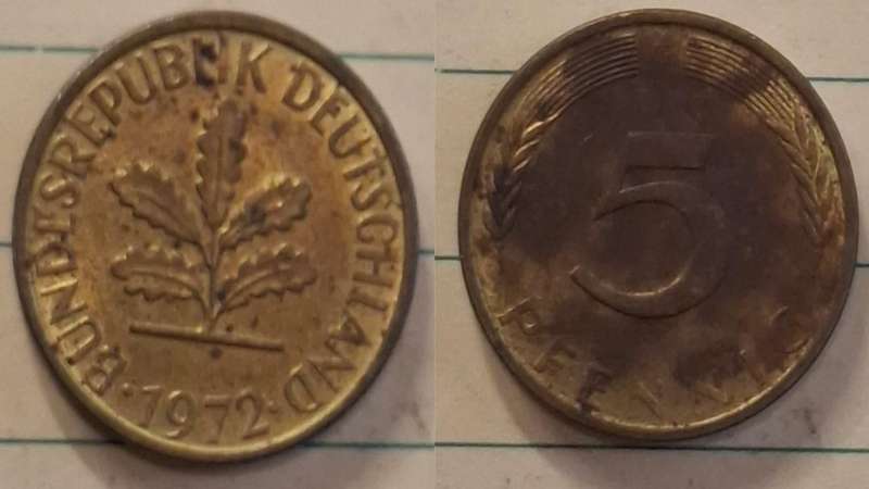 1972 G - Germany - 5 Pfennig - Oak seedling - Demonetised Dec 2001 - Brass clad steel 
