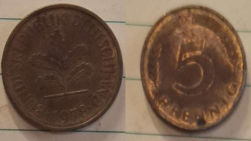 1978 G - Germany - 5 Pfennig - Oak seedling - Demonetised Dec 2001 - Brass clad steel 