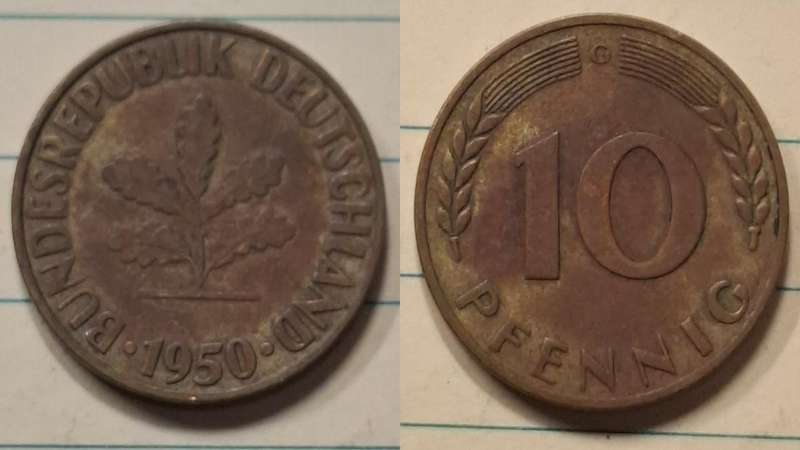 1950 G - Germany - 10 Pfennig - Oak seedling - Demonetised Dec 2001 - Brass clad steel 