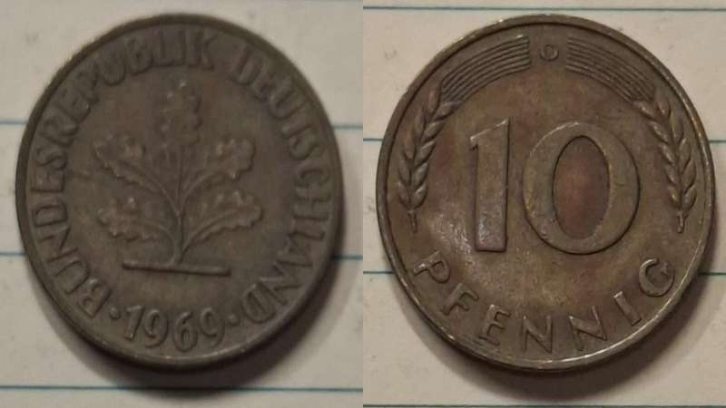 1969 G - Germany - 10 Pfennig - Oak seedling - Demonetised Dec 2001 - Brass clad steel 