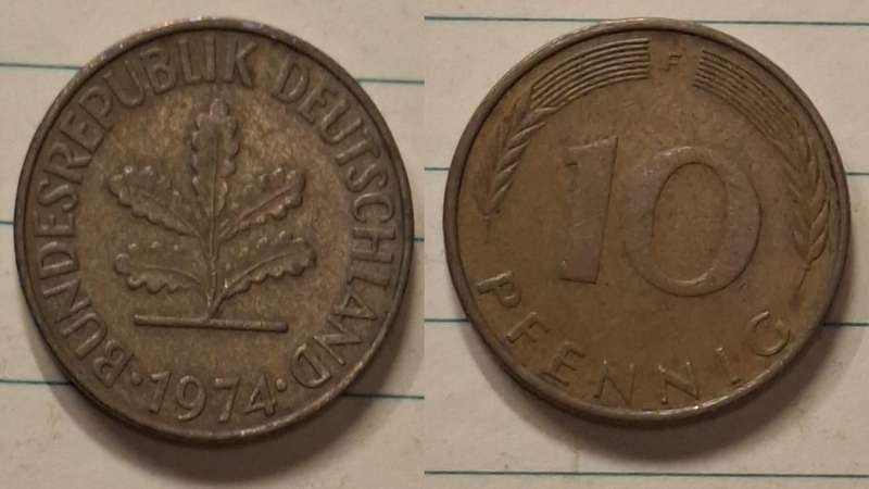 1974 F - Germany - 10 Pfennig - Oak seedling - Demonetised Dec 2001 - Brass clad steel 