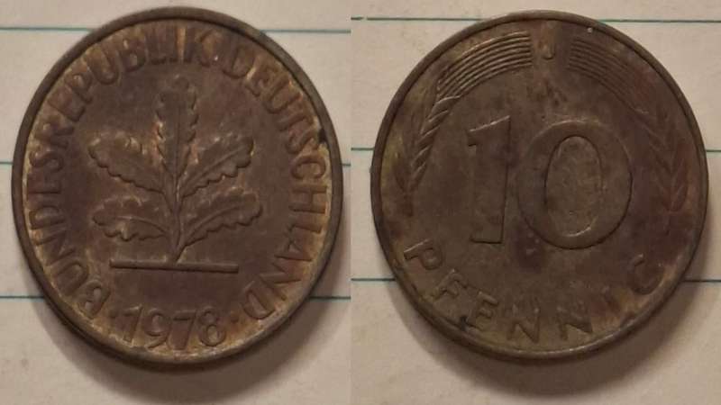 1978 J - Germany - 10 Pfennig - Oak seedling - Demonetised Dec 2001 - Brass clad steel 
