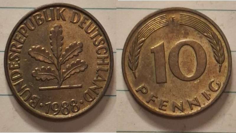 1988 F - Germany - 10 Pfennig - Oak seedling - Demonetised Dec 2001 - Brass clad steel 
