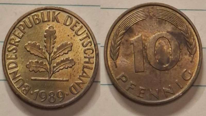 1989 G - Germany - 10 Pfennig - Oak seedling - Demonetised Dec 2001 - Brass clad steel 