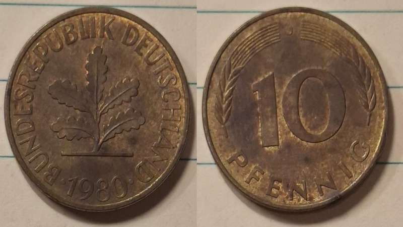 1980 J - Germany - 10 Pfennig - Oak seedling - Demonetised Dec 2001 - Brass clad steel 