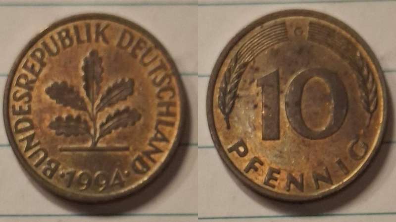 1994 G - Germany - 10 Pfennig - Oak seedling - Demonetised Dec 2001 - Brass clad steel 