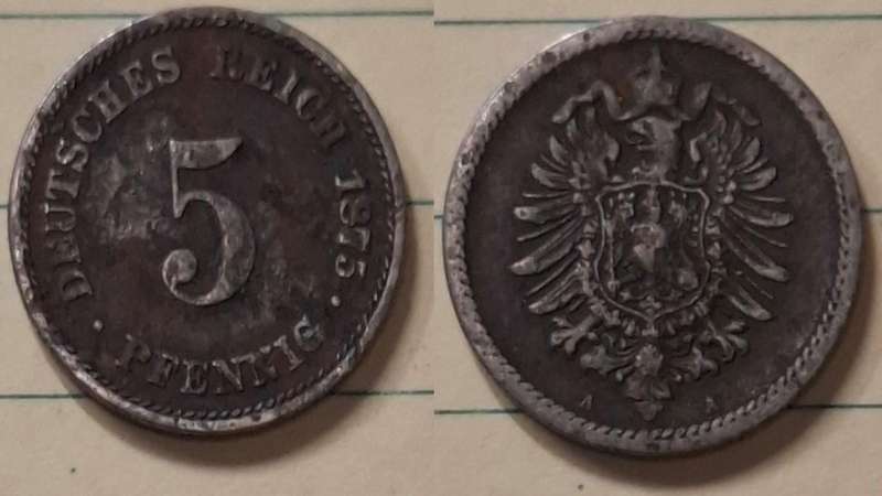 1875 A - Germany - 5 Pfennig - Wilhelm I - Demonetised Oct 1924 - Copper-nickel