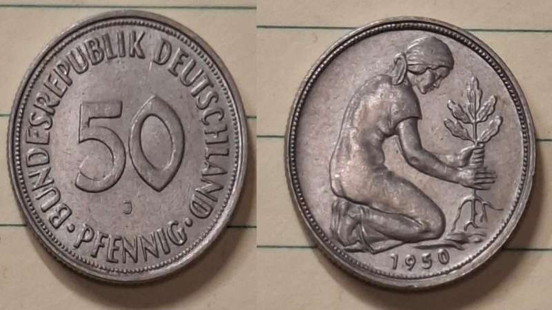 1950 J - Germany - 50 Pfennig - Trümmerfrau planting an oak - Demonetised Dec 2001 - Copper-nickel