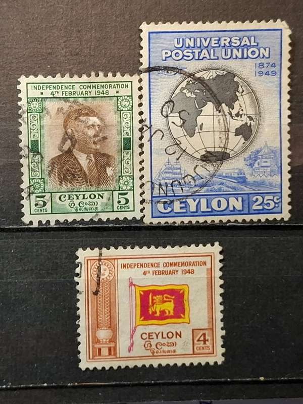 1949 - Ceylon - 4c + 5c + 25c - The 1st Anniversary of Independence + The 75th Anniversary of the UP