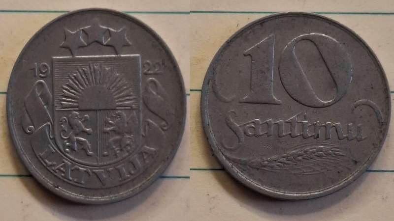 1922 - Latvia - 10 Santimu - Coat of arms - Demonetised Mar 1941 - Nickel
