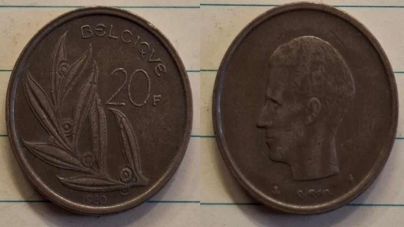 1980 - Belgium - 20 F - Baudouin I French text - Demonetised Feb 2002 - Nickel brass 