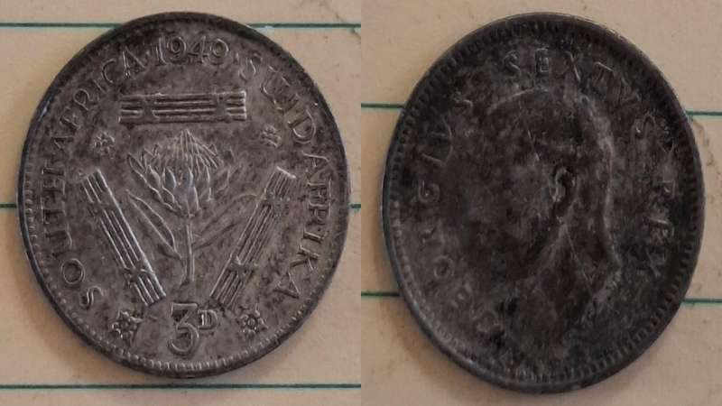 1949 - South Africa - 3 Pence  - George VI - Demonetised Mar 1961 - Silver (.800)