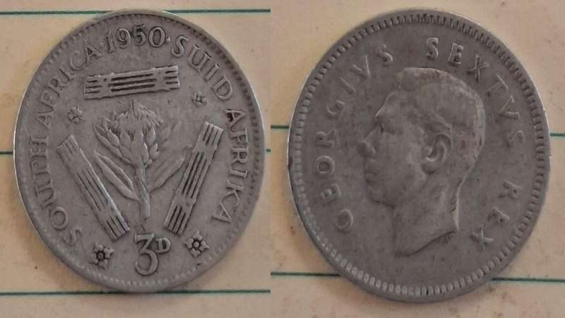 1950 - South Africa - 3 Pence  - George VI - Demonetised Mar 1961 - Silver (.800)